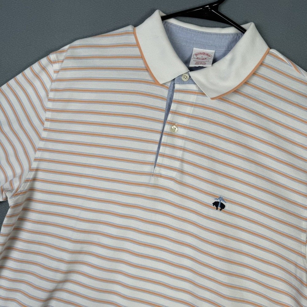 Brooks Brothers Performance Polo Shirt Men Large Orange Navy Blue Striped Cotton